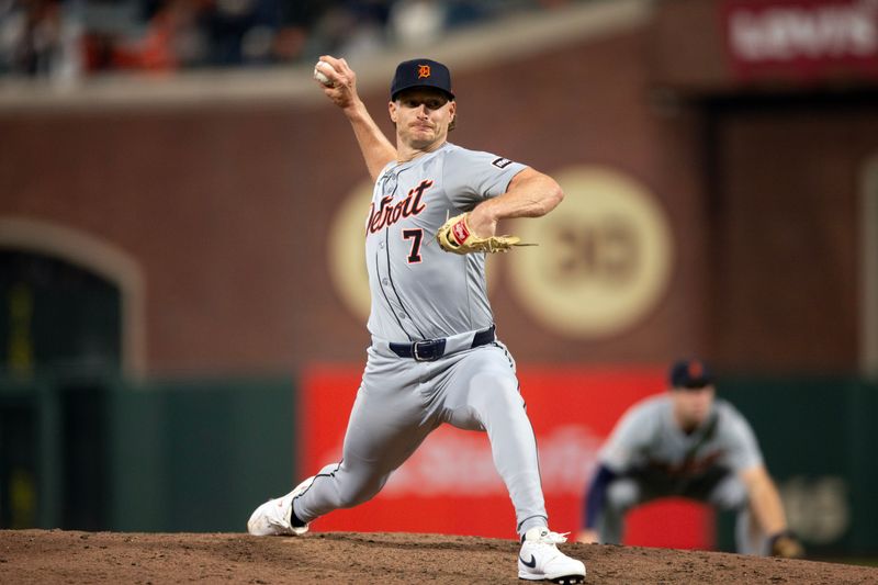 Aug 9, 2024; San Francisco, California, USA; Detroit Tigers pitcher Shelby Miller (7) delivers a pitch against the San Francisco Giants during the ninth inning at Oracle Park. Mandatory Credit: D. Ross Cameron-USA TODAY Sports