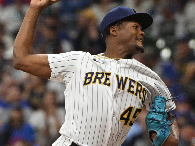 Sep 30, 2023; Milwaukee, Wisconsin, USA; Milwaukee Brewers relief pitcher Abner Uribe (45) delivers a pitch against the Chicago Cubs in the sixth inning at American Family Field. Mandatory Credit: Michael McLoone-USA TODAY Sports