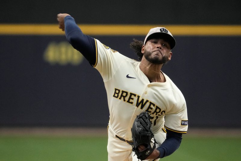 May 18, 2025; Milwaukee, Wisconsin, USA; Milwaukee Brewers pitcher Freddy Peralta (51) delivers a pitch abasing the Minnesota Twins in the second inning at American Family Field. Mandatory Credit: Michael McLoone-Imagn Images