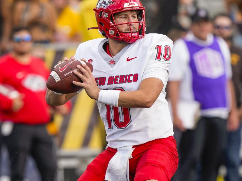 Sep 30, 2023; Laramie, Wyoming, USA; New Mexico Lobos quarterback Dylan Hopkins (10) looks to throw against the Wyoming Cowboys during the third quarter at Jonah Field at War Memorial Stadium. Mandatory Credit: Troy Babbitt-USA TODAY Sports

