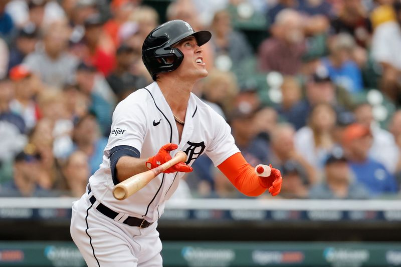 Aug 23, 2023; Detroit, Michigan, USA;  Detroit Tigers right fielder Kerry Carpenter (30) hits a grand slam in the sixth inning against the Chicago Cubs at Comerica Park. Mandatory Credit: Rick Osentoski-USA TODAY Sports