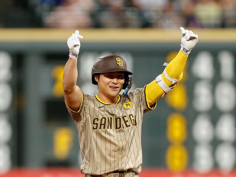 Apr 24, 2024; Denver, Colorado, USA; San Diego Padres shortstop Ha-Seong Kim (7) reacts from second on a play in the sixth inning against the Colorado Rockies at Coors Field. Mandatory Credit: Isaiah J. Downing-USA TODAY Sports