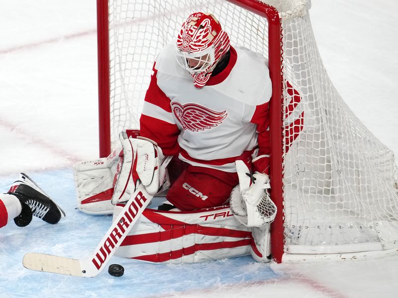 Jan 19, 2023; Las Vegas, Nevada, USA; Detroit Red Wings goaltender Ville Husso (35) makes a save against the Vegas Golden Knights during the third period at T-Mobile Arena. Mandatory Credit: Stephen R. Sylvanie-USA TODAY Sports