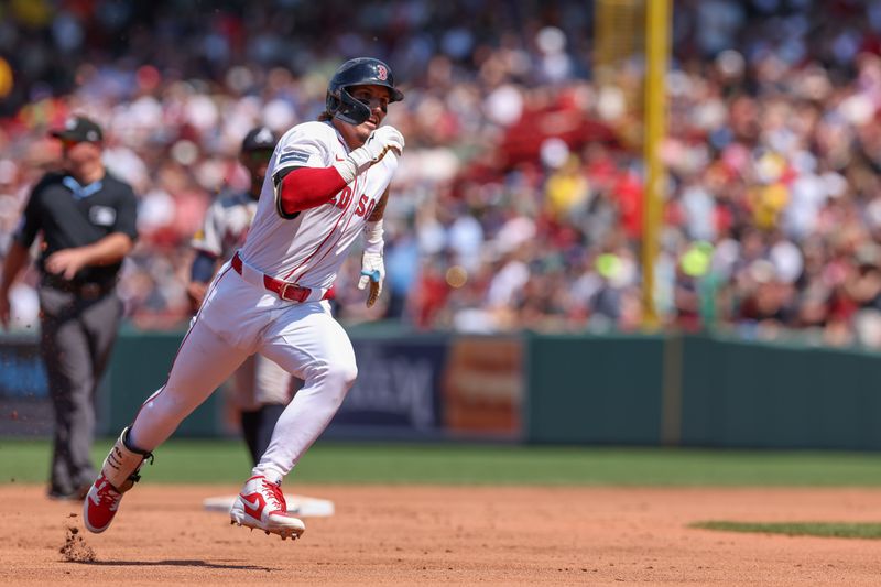 Jun 5, 2024; Boston, Massachusetts, USA; Boston Red Sox left fielder Jarren Duran (16) hits a triple during the fifth inning against the Atlanta Braves at Fenway Park. Mandatory Credit: Paul Rutherford-USA TODAY Sports