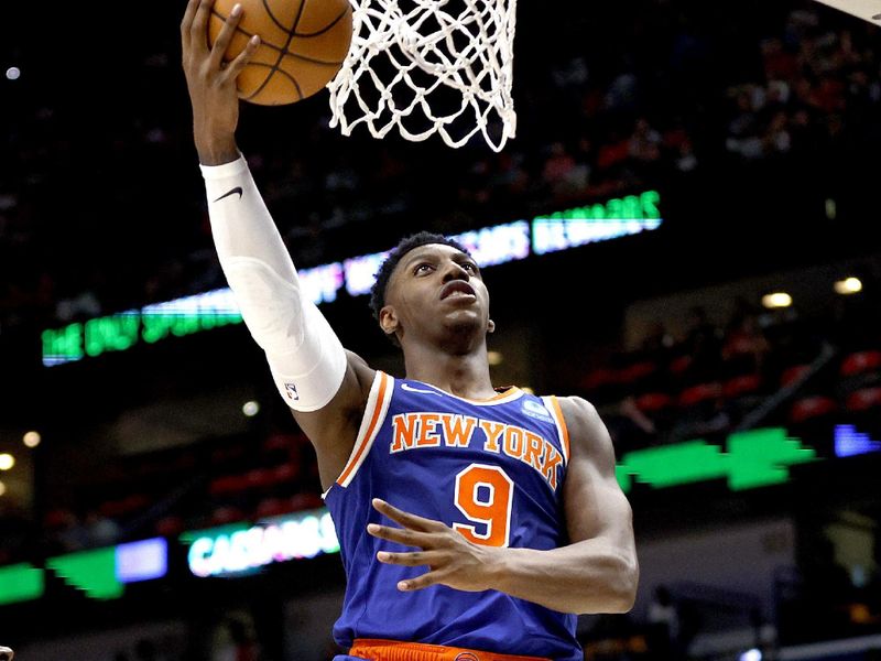 NEW ORLEANS, LOUISIANA - OCTOBER 28: RJ Barrett #9 of the New York Knicks scores a basket during the third quarter of an NBA game against the New Orleans Pelicans at Smoothie King Center on October 28, 2023 in New Orleans, Louisiana. NOTE TO USER: User expressly acknowledges and agrees that, by downloading and or using this photograph, User is consenting to the terms and conditions of the Getty Images License Agreement. (Photo by Sean Gardner/Getty Images)