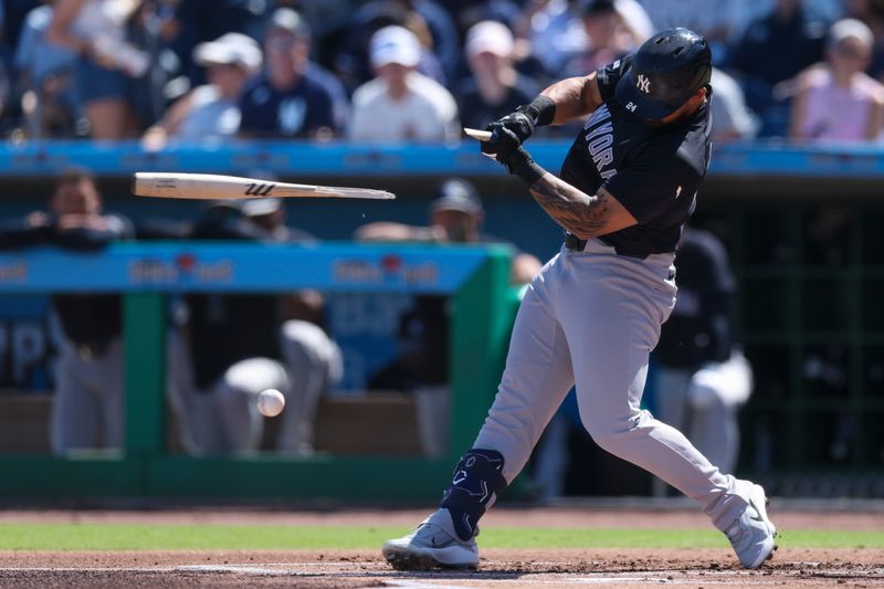 Mar 1, 2026; Clearwater, Florida, USA; New York Yankees left fielder Jasson Dominguez (24) breaks his bat on a foul ball against the Philadelphia Phillies in the first inning during spring training at BayCare Ballpark. Mandatory Credit: Nathan Ray Seebeck-Imagn Images