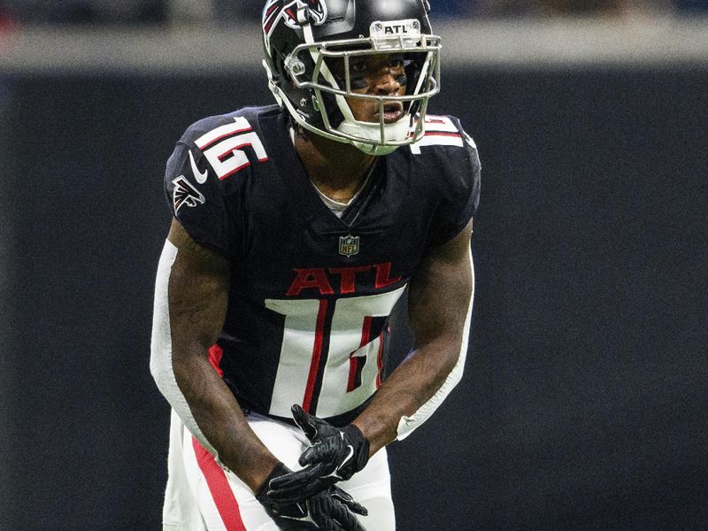 Atlanta Falcons wide receiver Cameron Batson (16) lines up during the first half of an NFL football game against the Jacksonville Jaguars, Saturday, Aug. 27, 2022, in Atlanta. The Atlanta Falcons won 28-12. (AP Photo/Danny Karnik)