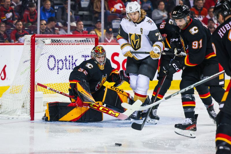 Mar 14, 2024; Calgary, Alberta, CAN; Calgary Flames goaltender Dustin Wolf (32) guards his net against the Vegas Golden Knights during the first period at Scotiabank Saddledome. Mandatory Credit: Sergei Belski-USA TODAY Sports