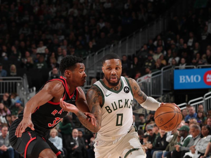 MILWAUKEE, WI - APRIL 5: Damian Lillard #0 of the Milwaukee Bucks dribbles the ball during the game against the Toronto Raptors on April 5, 2024 at the Fiserv Forum Center in Milwaukee, Wisconsin. NOTE TO USER: User expressly acknowledges and agrees that, by downloading and or using this Photograph, user is consenting to the terms and conditions of the Getty Images License Agreement. Mandatory Copyright Notice: Copyright 2024 NBAE (Photo by Gary Dineen/NBAE via Getty Images).