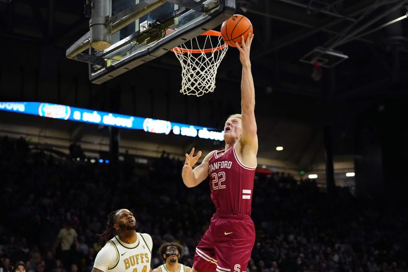 Mar 3, 2024; Boulder, Colorado, USA; Stanford Cardinal forward James Keefe (22) shoots the ball  in the first half against the Colorado Buffaloes at the CU Events Center. Mandatory Credit: Ron Chenoy-USA TODAY Sports