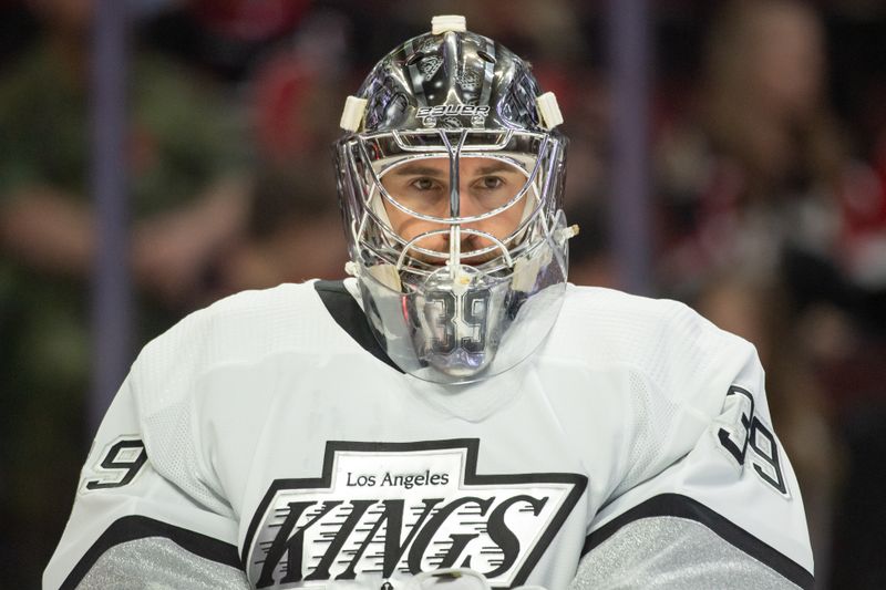 Nov 2, 2023; Ottawa, Ontario, CAN; Los Angeles Kings goalie Cam Talbot (39) looks on prior to the start of game against the Ottawa Senators at the Canadian Tire Centre. Mandatory Credit: Marc DesRosiers-USA TODAY Sports