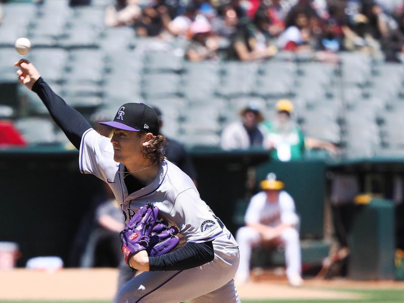 May 23, 2024; Oakland, California, USA; Colorado Rockies starting pitcher Ryan Fletcher (18) pitches against the Oakland Athletics during the first inning at Oakland-Alameda County Coliseum. Mandatory Credit: Kelley L Cox-USA TODAY Sports