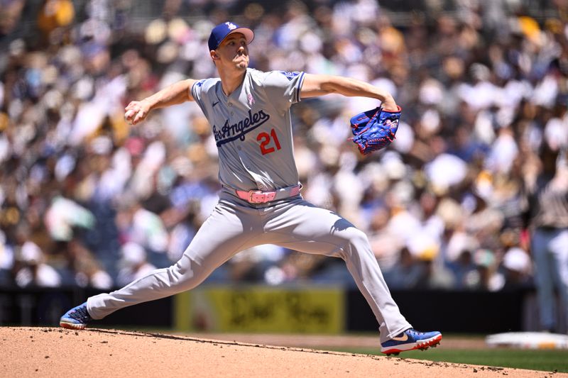 May 12, 2024; San Diego, California, USA; Los Angeles Dodgers starting pitcher Walker Buehler (21) throws a pitch against the San Diego Padres during the first inning at Petco Park. Mandatory Credit: Orlando Ramirez-USA TODAY Sports