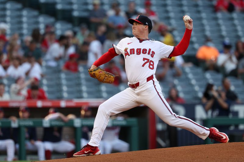 Jul 25, 2024; Anaheim, California, USA;  Los Angeles Angels starting pitcher Kenny Rosenberg (78) pitches during the first inning against the Oakland Athletics at Angel Stadium. Mandatory Credit: Kiyoshi Mio-USA TODAY Sports