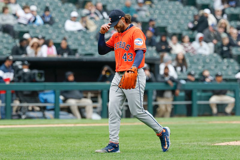 May 4, 2025; Chicago, Illinois, USA; Houston Astros starting pitcher Lance McCullers Jr. (43) leaves a baseball game against the Chicago White Sox during the fourth inning at Rate Field. Mandatory Credit: Kamil Krzaczynski-Imagn Images