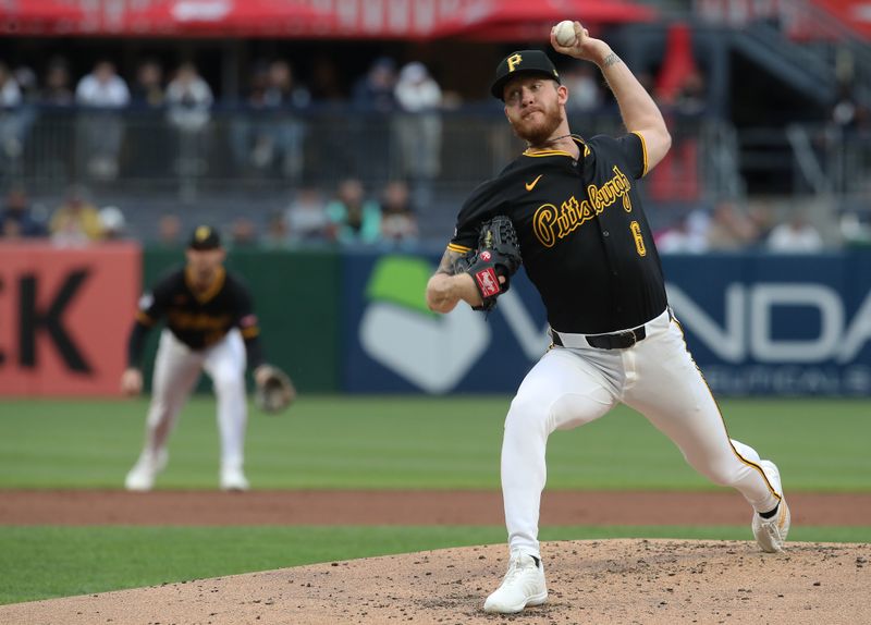 May 20, 2025; Pittsburgh, Pennsylvania, USA; Pittsburgh Pirates starting pitcher Bailey Falter (6) pitches against the Cincinnati Reds during the second inning at PNC Park. Mandatory Credit: Charles LeClaire-Imagn Images