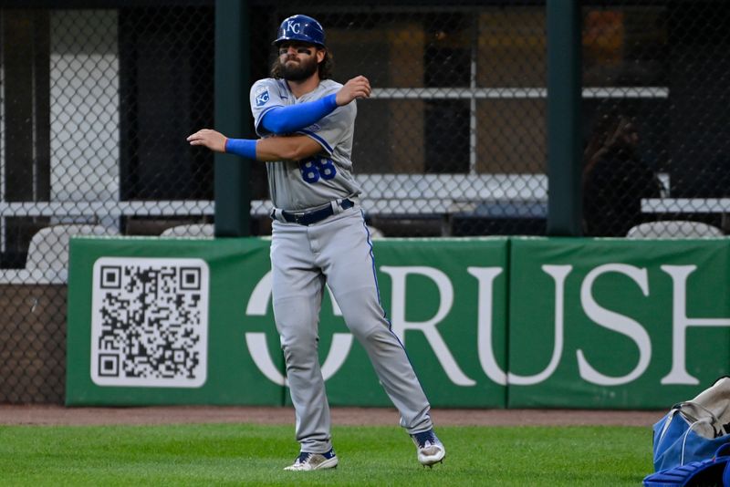 Sep 12, 2023; Chicago, Illinois, USA; Kansas City Royals catcher Logan Porter (88) works out before the game against the Chicago White Sox at Guaranteed Rate Field. Mandatory Credit: Matt Marton-USA TODAY Sports