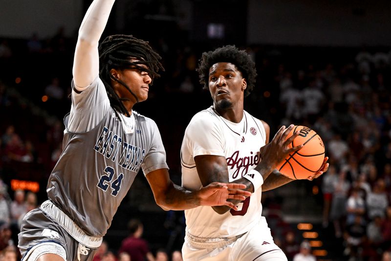 Nov 8, 2024; College Station, Texas, USA; Texas A&M Aggies forward Solomon Washington (9) dribbles the ball as East Texas A&M forward Josh Taylor (24) defends during the first half at Reed Arena. Mandatory Credit: Maria Lysaker-Imagn Images 