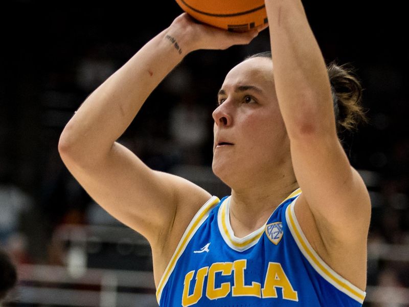 Feb 20, 2023; Stanford, California, USA;  UCLA Bruins guard Gina Conti (10) shoots against the UCLA Bruins during the second half at Maples Pavilion. Mandatory Credit: John Hefti-USA TODAY Sports