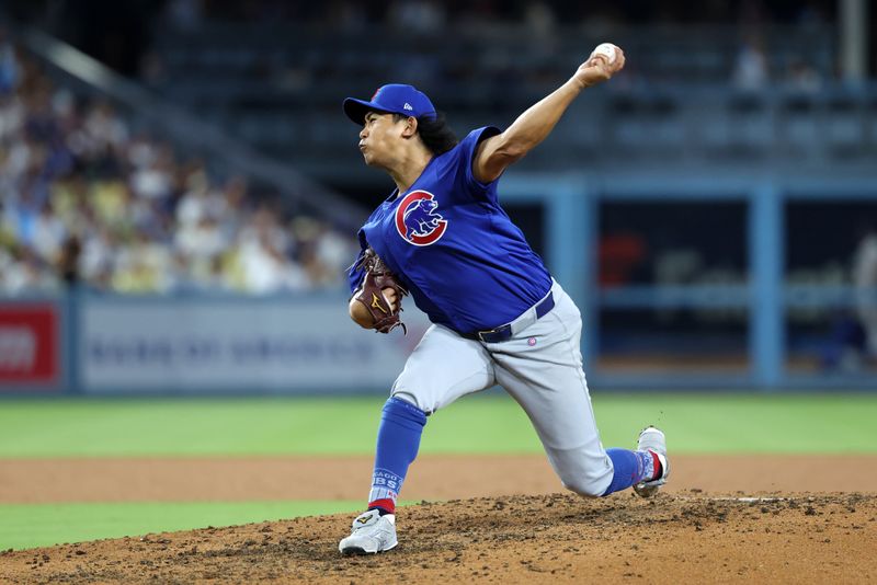 Sep 10, 2024; Los Angeles, California, USA;  Chicago Cubs starting pitcher Shota Imanaga (18) pitches during the seventh inning against the Los Angeles Dodgers at Dodger Stadium. Mandatory Credit: Kiyoshi Mio-Imagn Images