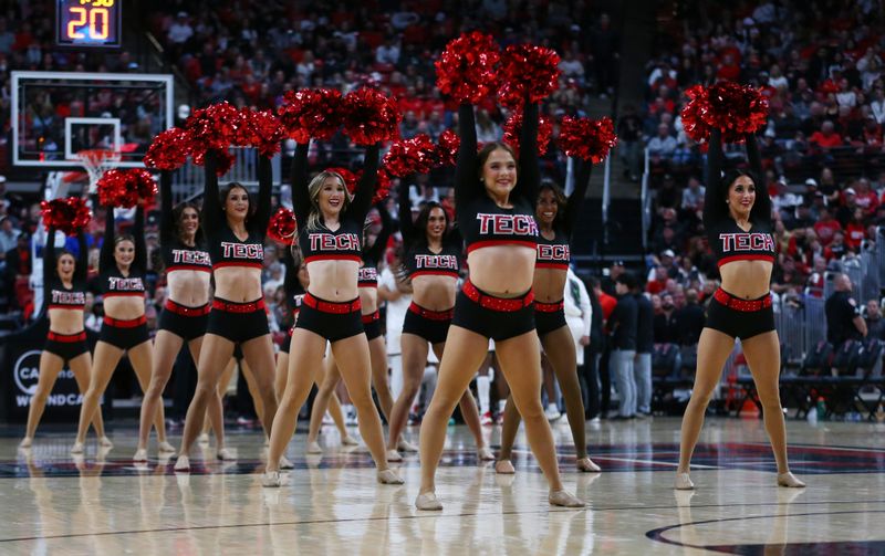 Jan 20, 2024; Lubbock, Texas, USA;  The Texas Tech Red Raiders pom squad entertains the crowd in the second half during the game between the Brigham Young Cougars and the Texas Tech Red Raiders at United Supermarkets Arena. Mandatory Credit: Michael C. Johnson-USA TODAY Sports