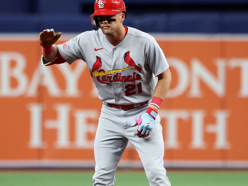 Aug 10, 2023; St. Petersburg, Florida, USA;  St. Louis Cardinals center fielder Lars Nootbaar (21) celebrates after he doubles during the ninth inning against the Tampa Bay Rays at Tropicana Field. Mandatory Credit: Kim Klement Neitzel-USA TODAY Sports