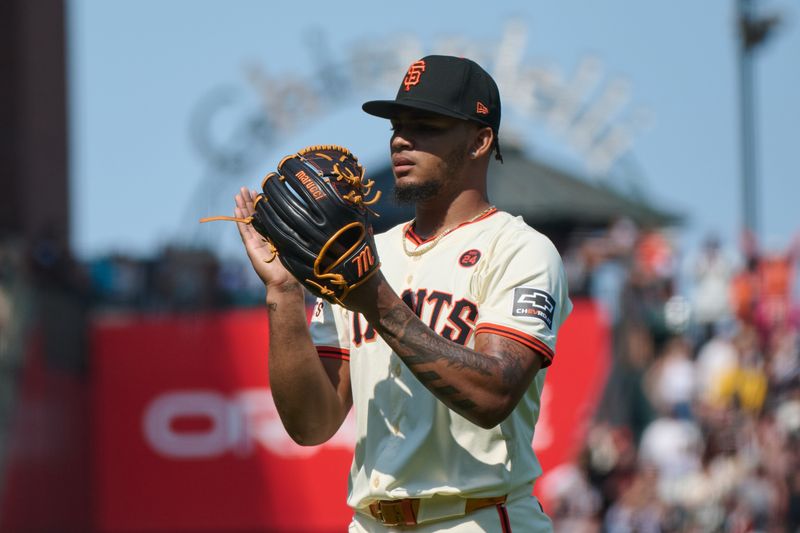 Jul 28, 2024; San Francisco, California, USA; San Francisco Giants pitcher Camilo Doval (75) reacts after the final out of the game against the Colorado Rockies during the ninth inning at Oracle Park. Mandatory Credit: Robert Edwards-USA TODAY Sports