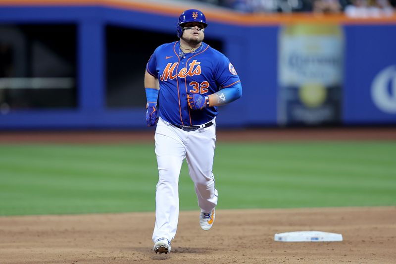 Aug 14, 2023; New York City, New York, USA; New York Mets designated hitter Daniel Vogelbach (32) rounds the bases after hitting a solo home run against the Pittsburgh Pirates during the second inning at Citi Field. Mandatory Credit: Brad Penner-USA TODAY Sports