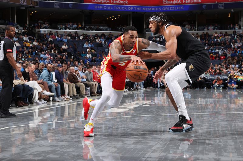 MEMPHIS, TN - MARCH 8: Dejounte Murray #5 of the Atlanta Hawks drives to the basket during the game against the Memphis Grizzlies on March 8, 2024 at FedExForum in Memphis, Tennessee. NOTE TO USER: User expressly acknowledges and agrees that, by downloading and or using this photograph, User is consenting to the terms and conditions of the Getty Images License Agreement. Mandatory Copyright Notice: Copyright 2024 NBAE (Photo by Joe Murphy/NBAE via Getty Images)