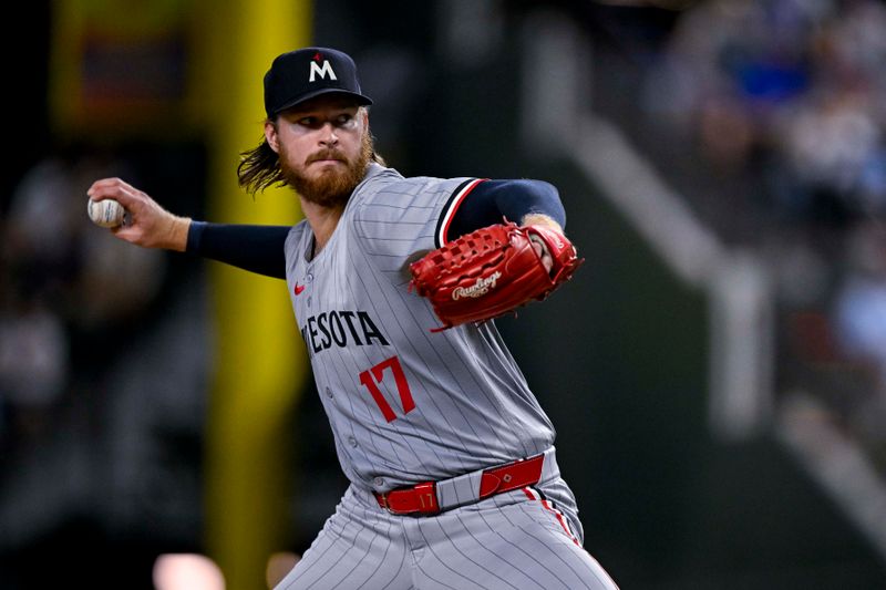 Aug 15, 2024; Arlington, Texas, USA; Minnesota Twins starting pitcher Bailey Ober (17) pitches against the Texas Rangers during the third inning at Globe Life Field. Mandatory Credit: Jerome Miron-USA TODAY Sports