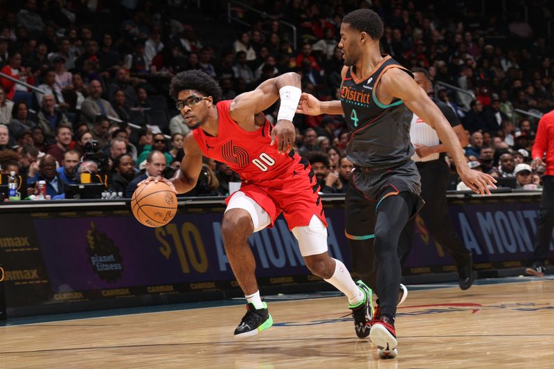 WASHINGTON, DC -? APRIL 5: Scoot Henderson #00 of the Portland Trail Blazers dribbles the ball during the game against the Washington Wizards on April 5, 2024 at Capital One Arena in Washington, DC. NOTE TO USER: User expressly acknowledges and agrees that, by downloading and or using this Photograph, user is consenting to the terms and conditions of the Getty Images License Agreement. Mandatory Copyright Notice: Copyright 2024 NBAE (Photo by Stephen Gosling/NBAE via Getty Images)