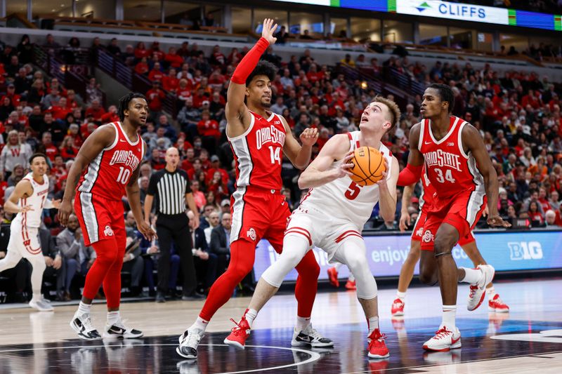 Mar 8, 2023; Chicago, IL, USA; Wisconsin Badgers forward Tyler Wahl (5) looks to shoot against the Ohio State Buckeyes during the second half at United Center. Mandatory Credit: Kamil Krzaczynski-USA TODAY Sports