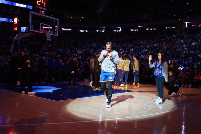 NEW YORK, NY - MARCH 10: Jalen Brunson #11 of the New York Knicks is introduced before the game against the Philadelphia 76ers on March 10, 2024 at Madison Square Garden in New York City, New York.  NOTE TO USER: User expressly acknowledges and agrees that, by downloading and or using this photograph, User is consenting to the terms and conditions of the Getty Images License Agreement. Mandatory Copyright Notice: Copyright 2024 NBAE  (Photo by Nathaniel S. Butler/NBAE via Getty Images)