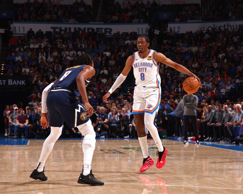 OKLAHOMA CITY, OK - MARCH 10: Jalen Williams #8 of the Oklahoma City Thunder handles the ball during the game against the Denver Nuggets on March 10, 2025 at Paycom Center in Oklahoma City, Oklahoma. NOTE TO USER: User expressly acknowledges and agrees that, by downloading and or using this photograph, User is consenting to the terms and conditions of the Getty Images License Agreement. Mandatory Copyright Notice: Copyright 2025 NBAE(Photo by Zach Beeker/NBAE via Getty Images)