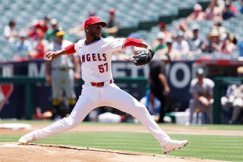 Jun 26, 2024; Anaheim, California, USA;  Los Angeles Angels starting pitcher Roansy Contreras (57) throws against the Oakland Athletics during the first inning at Angel Stadium. Mandatory Credit: Kiyoshi Mio-USA TODAY Sports