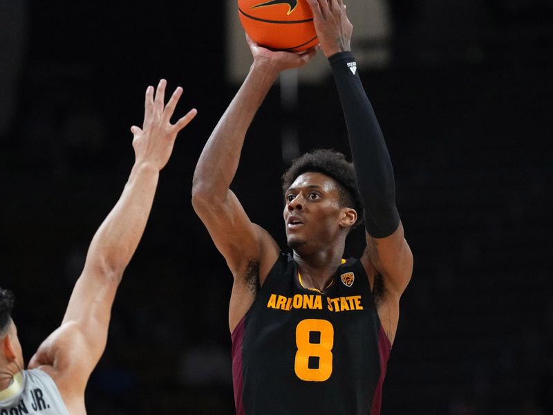 Feb 8, 2024; Boulder, Colorado, USA;  Arizona State Sun Devils forward Alonzo Gaffney (8) prepares to shoot the ball in the first half against the Colorado Buffaloes at the CU Events Center. Mandatory Credit: Ron Chenoy-USA TODAY Sports