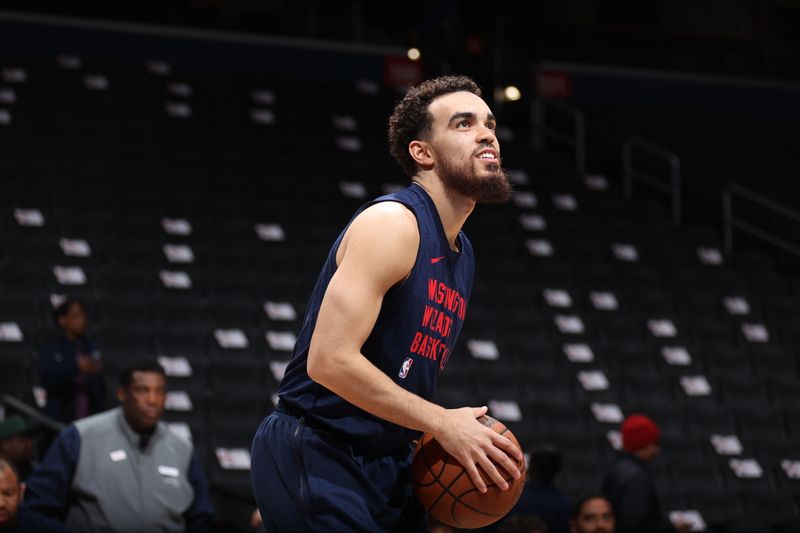 WASHINGTON, DC -? APRIL 2: Tyus Jones #5 of the Washington Wizards warms up before the game against the Milwaukee Bucks on April 2, 2024 at Capital One Arena in Washington, DC. NOTE TO USER: User expressly acknowledges and agrees that, by downloading and or using this Photograph, user is consenting to the terms and conditions of the Getty Images License Agreement. Mandatory Copyright Notice: Copyright 2024 NBAE (Photo by Stephen Gosling/NBAE via Getty Images)