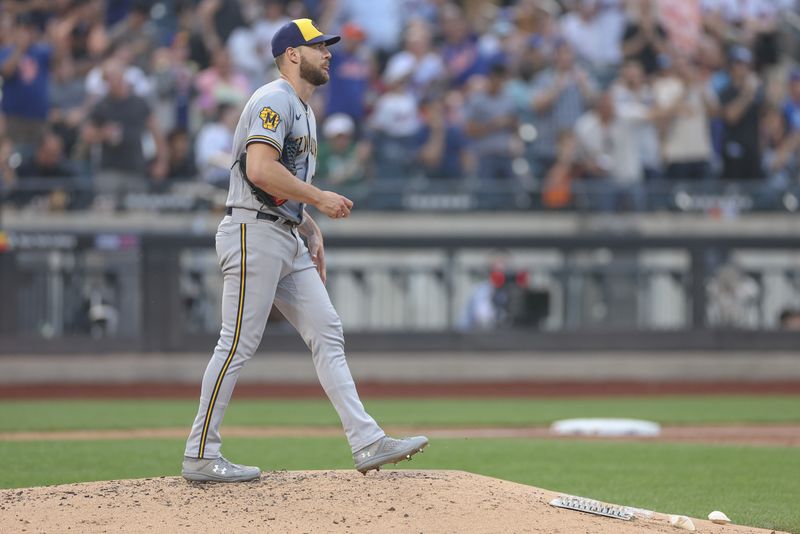 Jun 29, 2023; New York City, New York, USA; Milwaukee Brewers starting pitcher Adrian Houser (37) reacts after allowing a solo home run to New York Mets third baseman Brett Baty (not pictured) during the third inning at Citi Field. Mandatory Credit: Vincent Carchietta-USA TODAY Sports