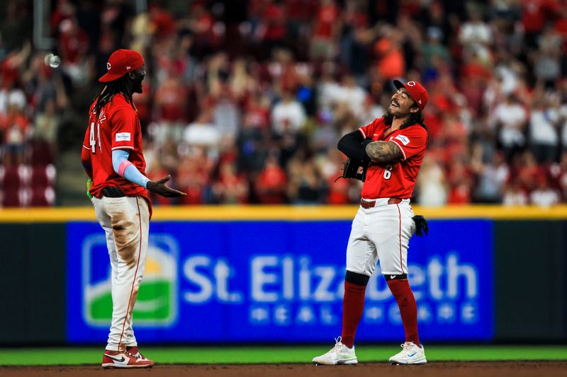 May 25, 2024; Cincinnati, Ohio, USA; Cincinnati Reds second baseman Jonathan India (6) reacts with shortstop Elly De La Cruz (44) after the victory over the Los Angeles Dodgers at Great American Ball Park. Mandatory Credit: Katie Stratman-USA TODAY Sports