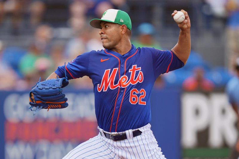 Mar 17, 2024; Port St. Lucie, Florida, USA;  New York Mets starting pitcher Jose Quintana (62) pitches in the first inning against the Miami Marlins at Clover Park. Mandatory Credit: Jim Rassol-USA TODAY Sports