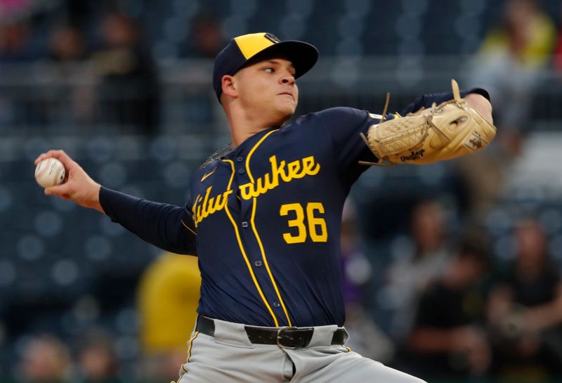 Sep 24, 2024; Pittsburgh, Pennsylvania, USA; Milwaukee Brewers starting pitcher Tobias Myers (36) pitches against the Pittsburgh Pirates during the first inning at PNC Park. Mandatory Credit: Charles LeClaire-Imagn Images