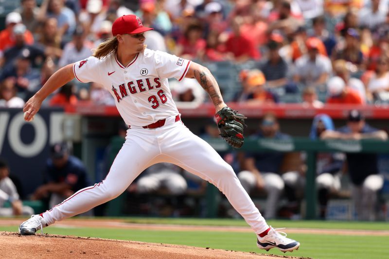 Sep 15, 2024; Anaheim, California, USA;  Los Angeles Angels starting pitcher Caden Dana (36) pitches during the first inning against the Houston Astros at Angel Stadium. Mandatory Credit: Kiyoshi Mio-Imagn Images