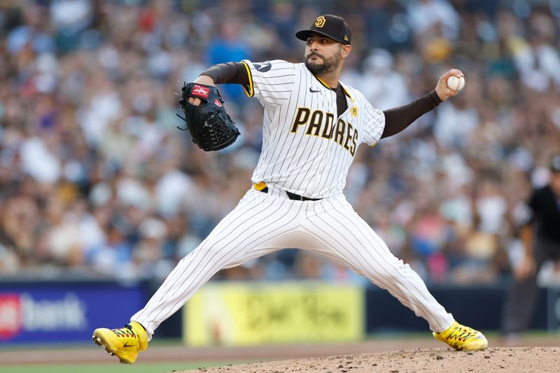 Aug 3, 2024; San Diego, California, USA; San Diego Padres starting pitcher Martin Perez (54) throws against the Colorado Rockies during the fifth inning at Petco Park. Mandatory Credit: David Frerker-USA TODAY Sports