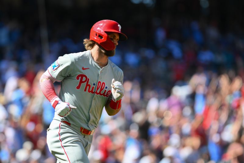 Aug 4, 2024; Seattle, Washington, USA; Philadelphia Phillies first baseman Bryce Harper (3) runs the bases after hitting a home run against the Seattle Mariners during the eighth inning at T-Mobile Park. Mandatory Credit: Steven Bisig-USA TODAY Sports