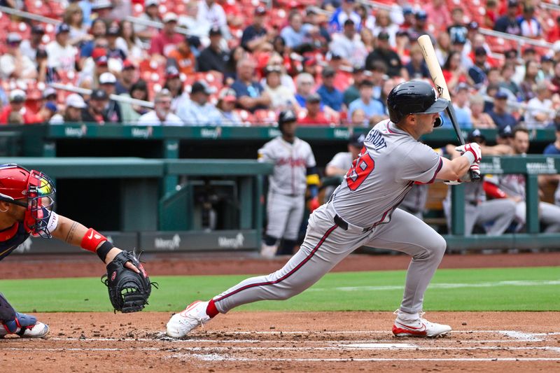 Jun 26, 2024; St. Louis, Missouri, USA;  Atlanta Braves shortstop Zack Short (59) hits a one run single against the St. Louis Cardinals during the second inning at Busch Stadium. Mandatory Credit: Jeff Curry-USA TODAY Sports