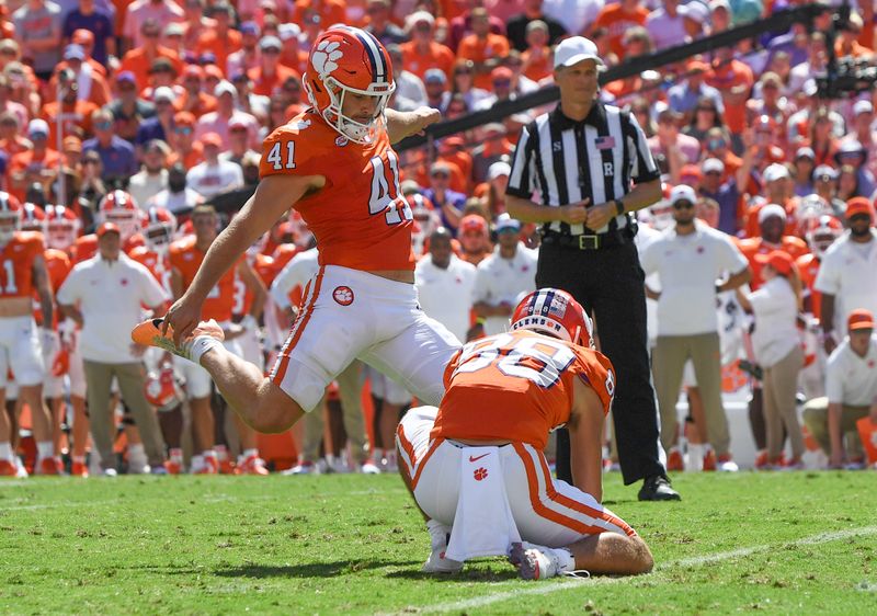 Sep 23, 2023; Clemson, South Carolina, USA; Clemson Tigers kicker Jonathan Weitz scores the first points of the game with a field goal against the Florida State Seminoles during the first quarter at Memorial Stadium. Mandatory Credit: Ken Ruinard-USA TODAY Sports