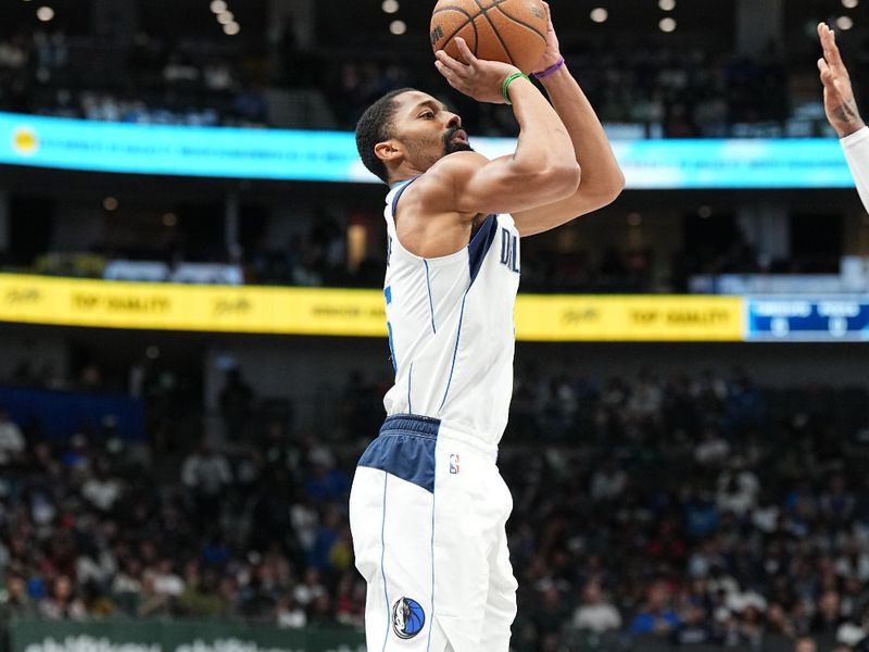 DALLAS, TX - OCTOBER 17: Spencer Dinwiddie #26 of the Dallas Mavericks shoots the ball during the game against the Milwaukee Bucks during a NBA preseason game on October 17, 2024 at American Airlines Center in Dallas, Texas. NOTE TO USER: User expressly acknowledges and agrees that, by downloading and or using this photograph, User is consenting to the terms and conditions of the Getty Images License Agreement. Mandatory Copyright Notice: Copyright 2024 NBAE (Photo by Glenn James/NBAE via Getty Images)