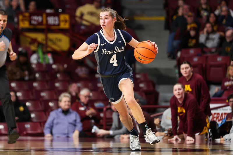 Jan 31, 2024; Minneapolis, Minnesota, USA; Penn State Nittany Lions guard Shay Ciezki (4) dribbles during the second half against the Minnesota Golden Gophers at Williams Arena. Mandatory Credit: Matt Krohn-USA TODAY Sports