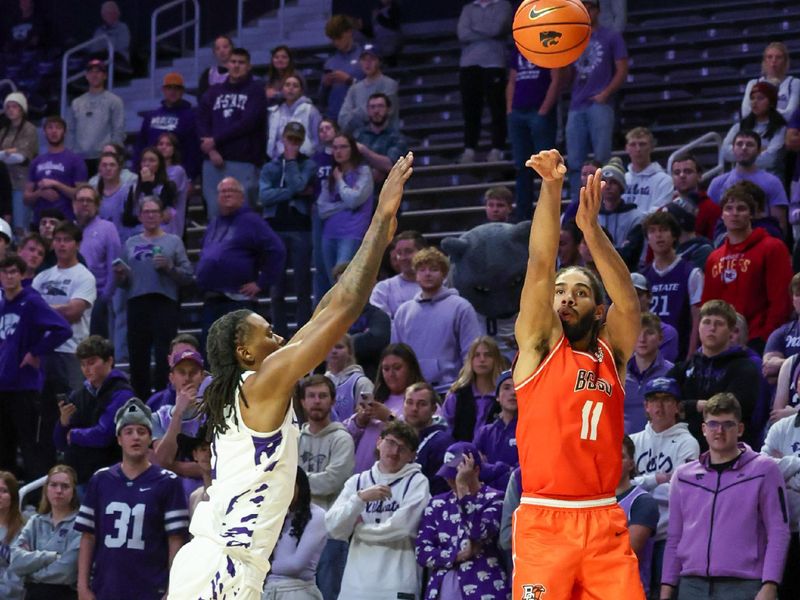 Dec 1, 2025; Manhattan, Kansas, USA; Bowling Green Falcons guard Javon Ruffin (11) shoots against Kansas State Wildcats guard C.J. Jones (3) during the second half at Bramlage Coliseum. Mandatory Credit: Scott Sewell-Imagn Images