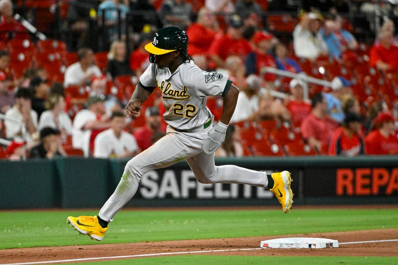 Aug 14, 2023; St. Louis, Missouri, USA;  Oakland Athletics center fielder Lawrence Butler (22) rounds third bases and scores against the St. Louis Cardinals during the seventh inning at Busch Stadium. Mandatory Credit: Jeff Curry-USA TODAY Sports